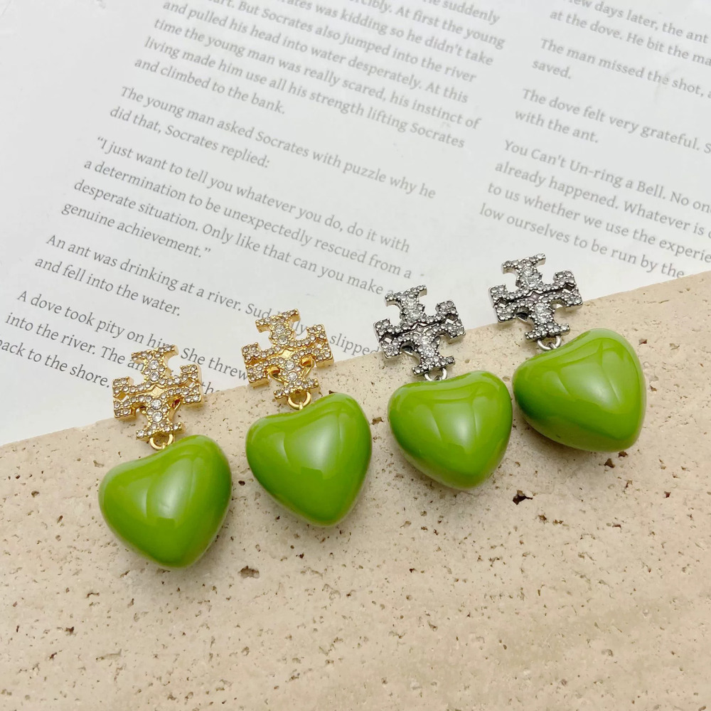 Tory Burch Green Heart Shaped Letter Rhinestone Drop Earrings